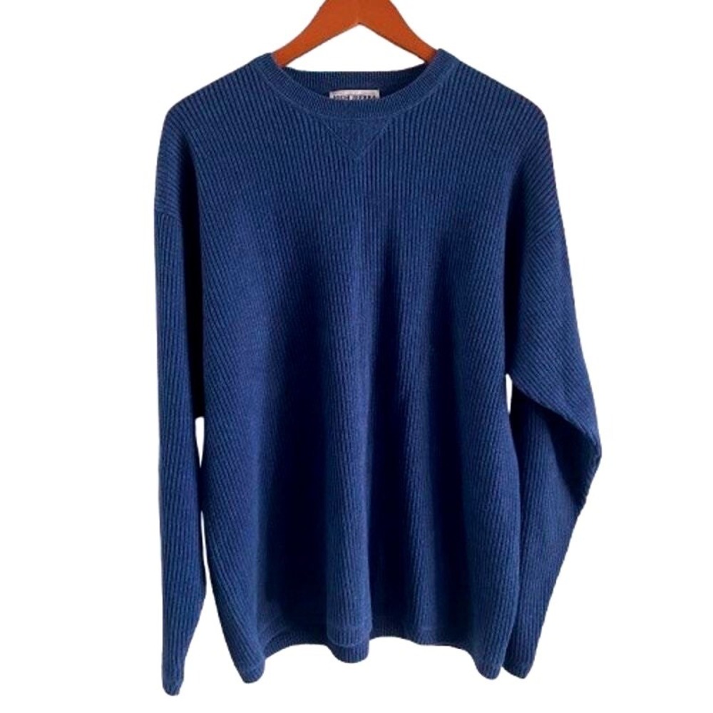 Vintage High Sierra Blue Ribbed Cotton Crew Neck Long Sleeve Sweater Mens Size L